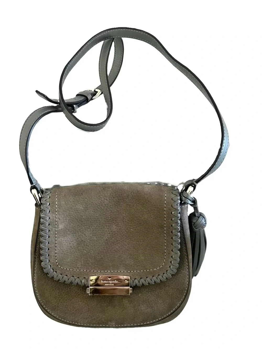 Kate Spade New York Gray Suede Leather Crossbody Saddle Bag Tassel Hardware Gold